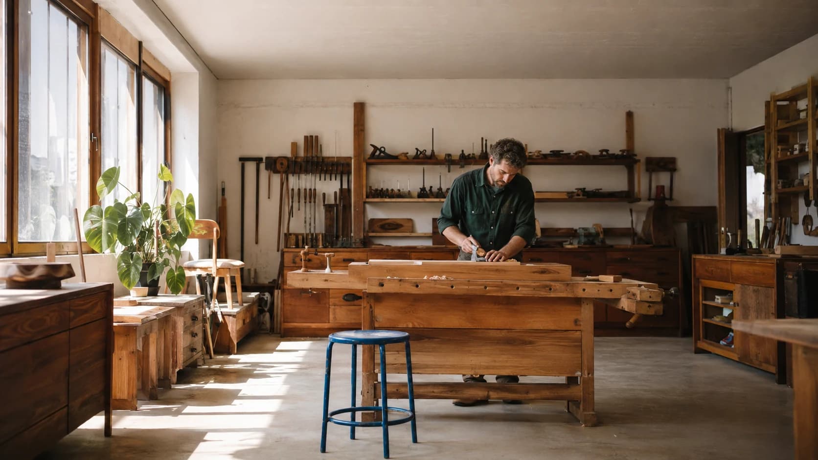 A furniture craftsman in green at work in a sunlit atelier