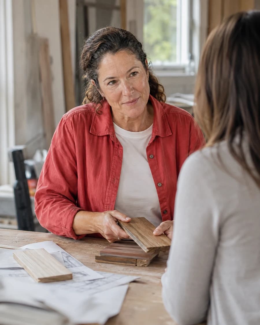 A renovation business owner in coral discussing materials