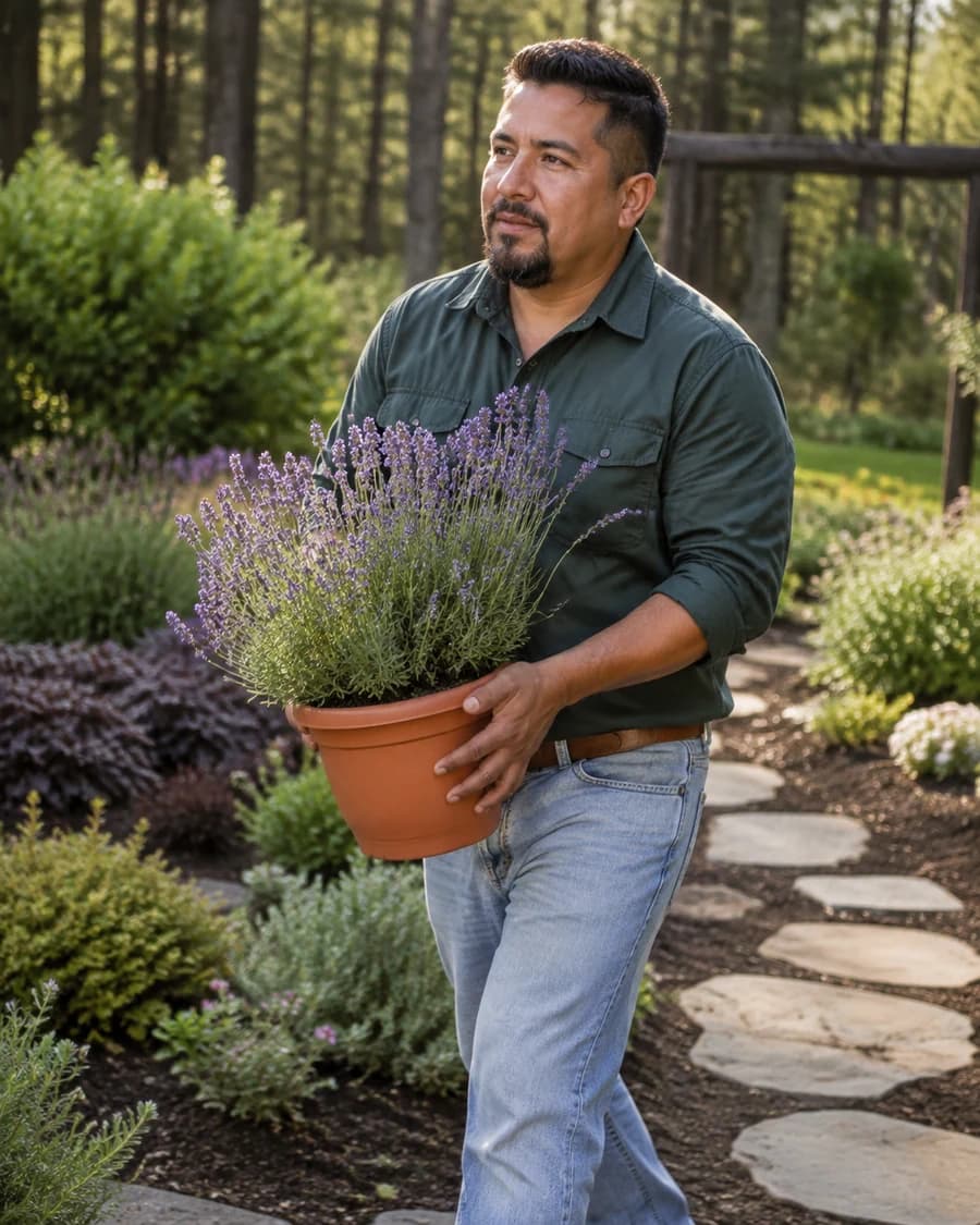 A landscape professional carrying lavender through a garden