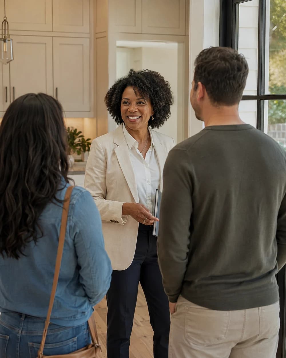 A real estate professional welcoming a couple