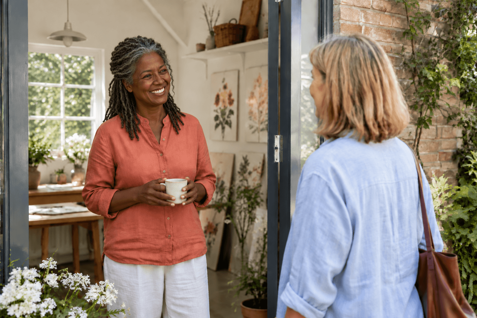 A dark-skinned African-American garden-design business owner in terracotta welcoming a returning customer