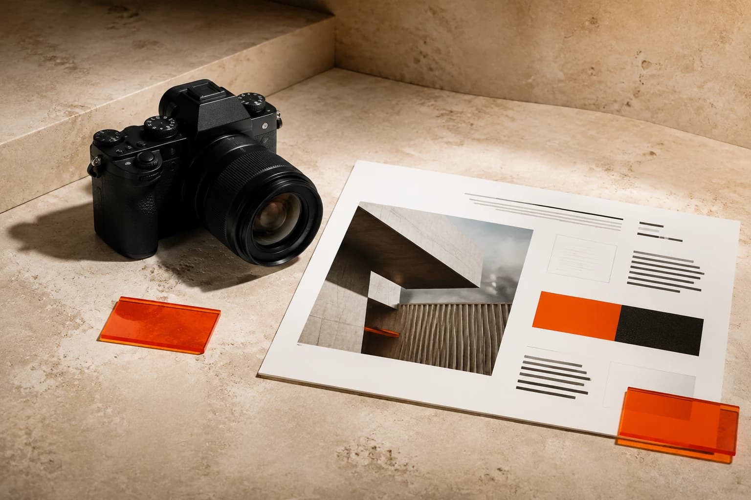 A premium camera and advertising layout on a stone studio surface